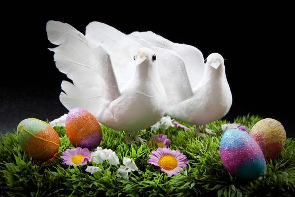 Two doves on colorful field with easter eggs — Stock Photo, Image