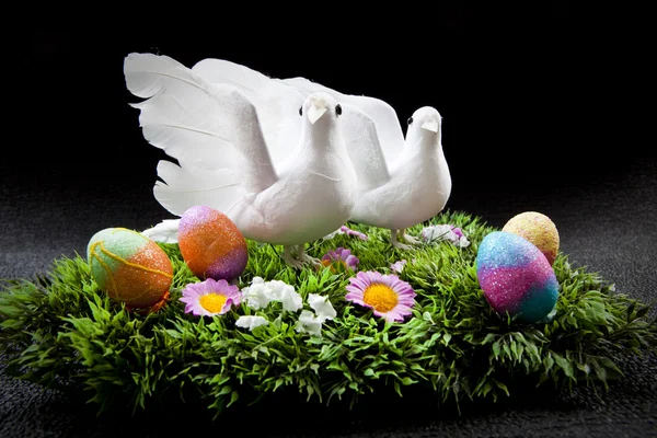 Deux colombes sur champ coloré avec des œufs de Pâques — Photo