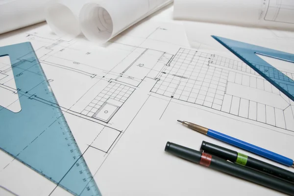 Architectural project. architect rolls and plans — Stock Photo, Image