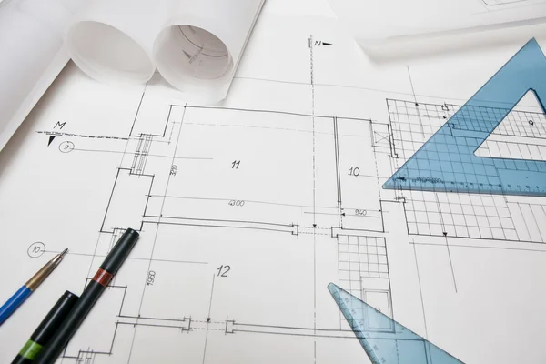 Architectural project. architect rolls and plans — Stock Photo, Image