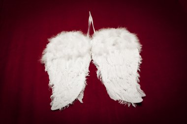 Kırmızı kadife arka planda meleğin kanatları
