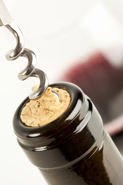 Macro close up of corkscrew in wine bottle cork — Stock Photo, Image