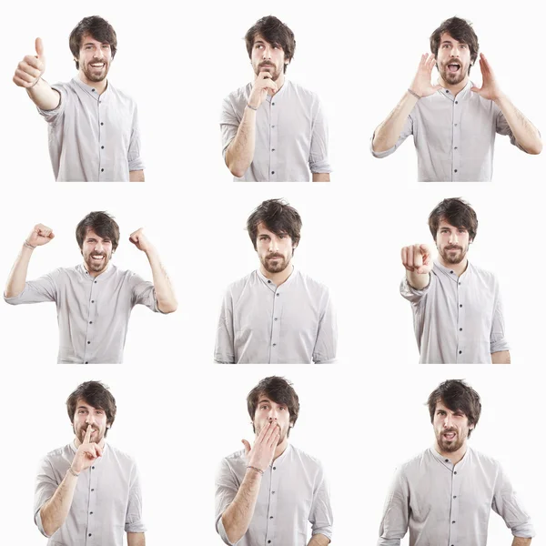 Mladý muž tvář složené výrazy izolovaných na bílém poza — Stock fotografie