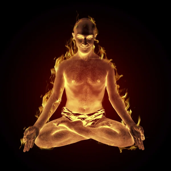 Yogi madetation en lotus pose sur le feu — Photo