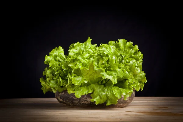 Fresh green lettuce on wooden table on black background — Stock Photo, Image