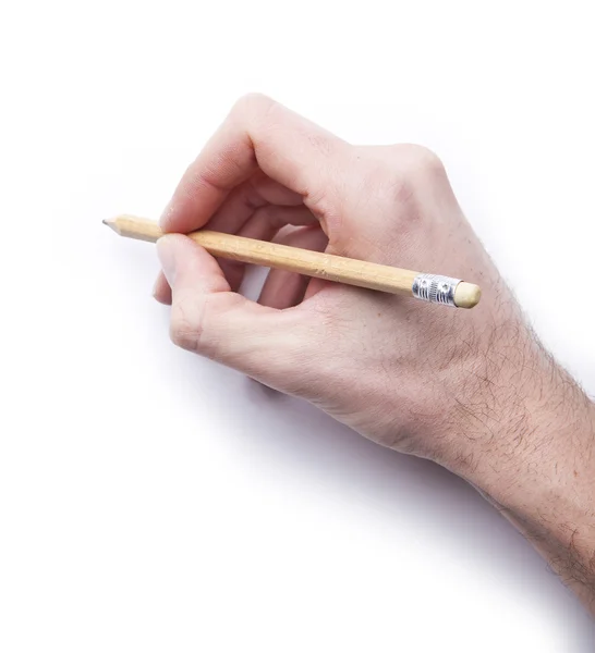 Mano masculina sosteniendo escritura pancil sobre papel blanco en blanco —  Fotos de Stock