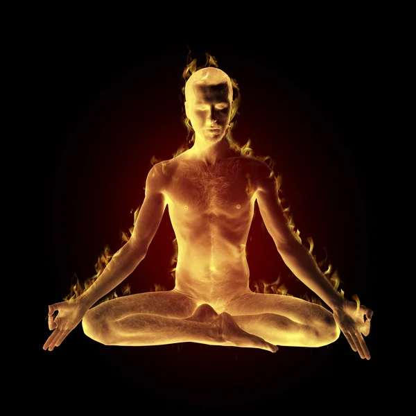 Yogi madetation in lotus pose on fire — Stock Photo, Image