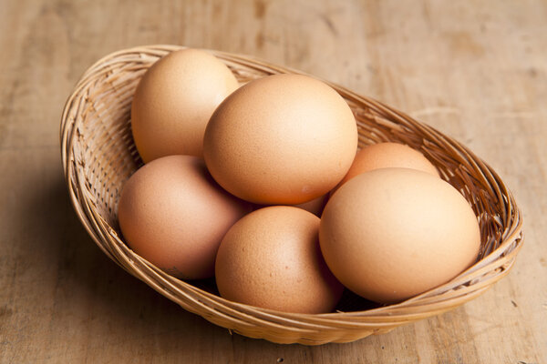 eggs in a bascket on wooden table