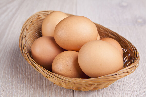 eggs in a bascket on wooden table