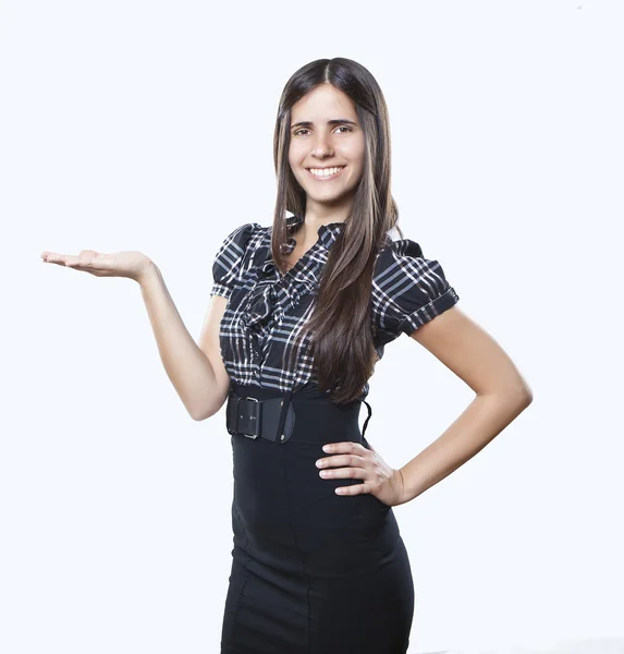 Happy smiling young beautiful business woman showing something or copyspase for product or sign text — Stock Photo, Image