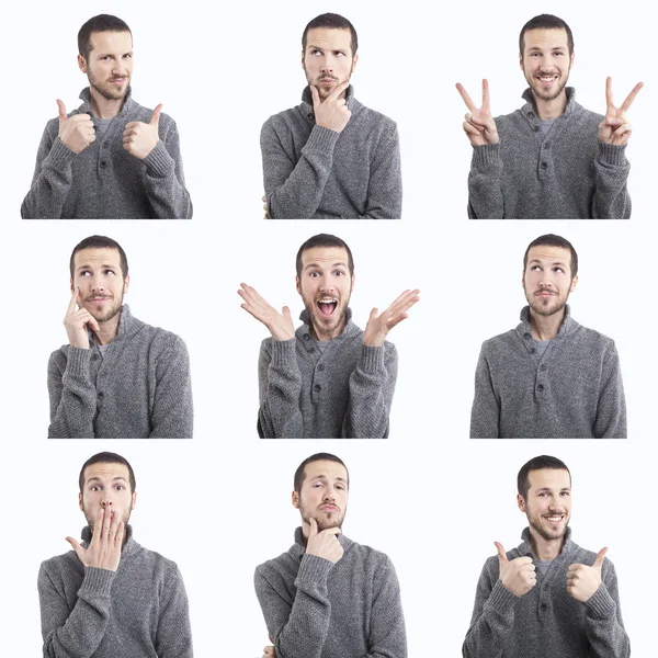 Jonge man grappig gezicht expressies samengestelde geïsoleerd op witte achtergrond — Stockfoto