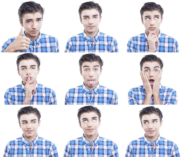 Jovem adolescente expressões faciais composto isolado no fundo branco — Fotografia de Stock