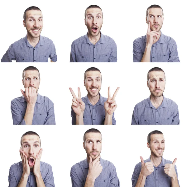 Young man funny face expressions composite isolated on white background Royalty Free Stock Photos