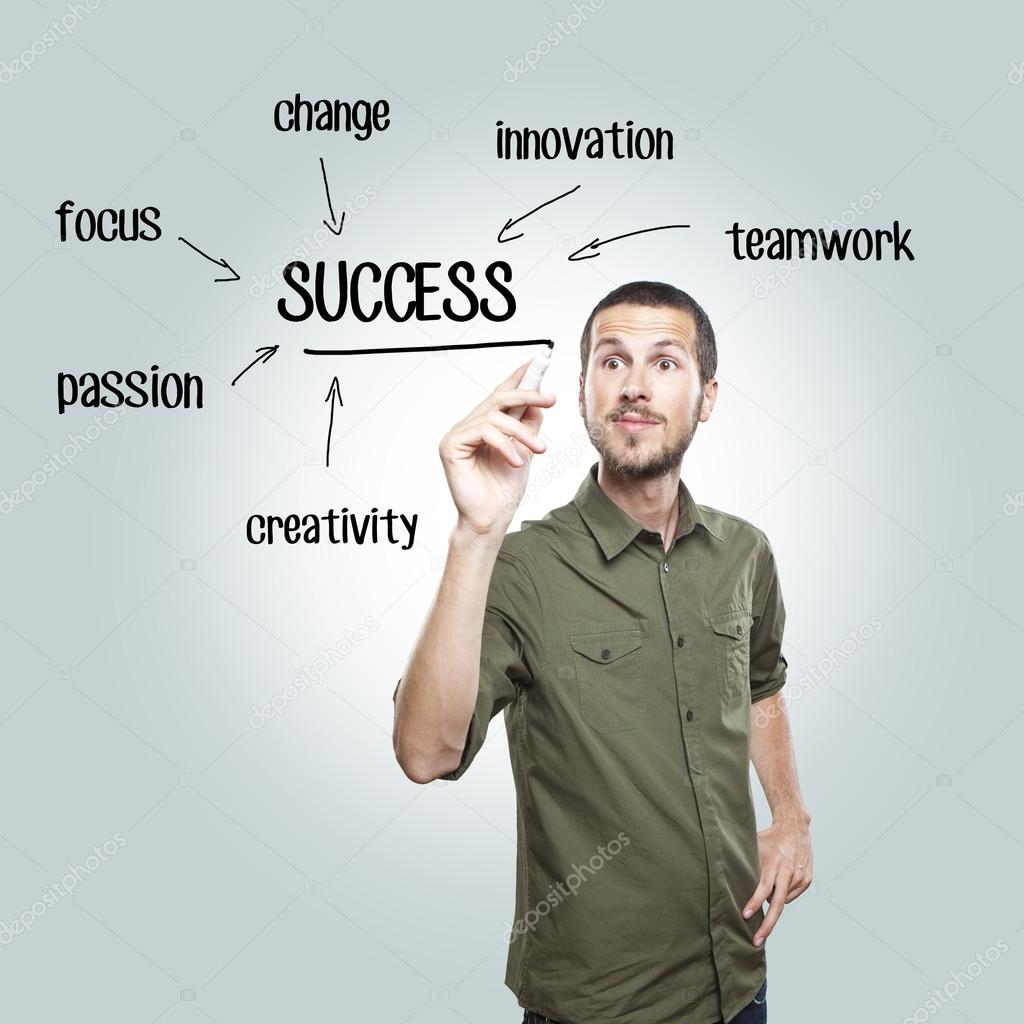 Young casual man writing success diagram on glass board with marker