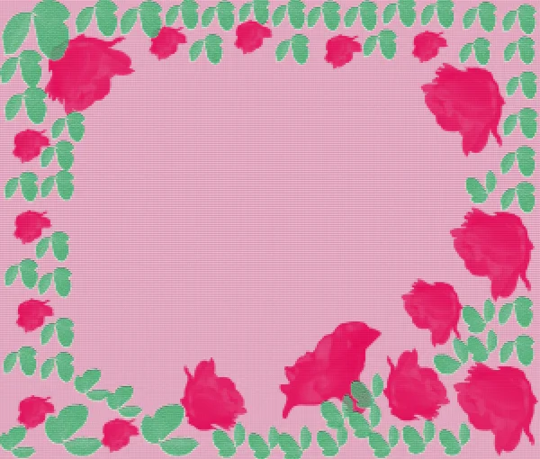 On a light pink background in the form of a structure flowers of a pink rose with green leaves are located.