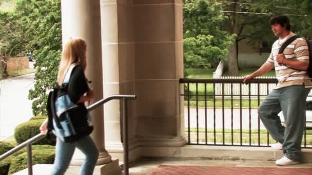 Studenten buiten de bibliotheek op een universiteitscampus bij elkaar — Stockvideo