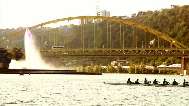 I membri dell'equipaggio si preparano e gareggiano nella Regata di Riga sul fiume Allegheny sulla riva nord di Pittsburgh — Video Stock