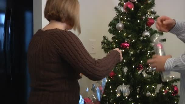 Un marido y una esposa bajan su árbol de Navidad . — Vídeos de Stock