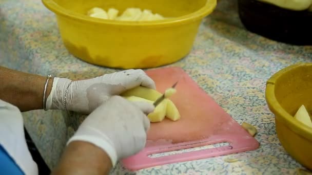 Snijden en peeling aardappelen zodat pierogis. — Stockvideo