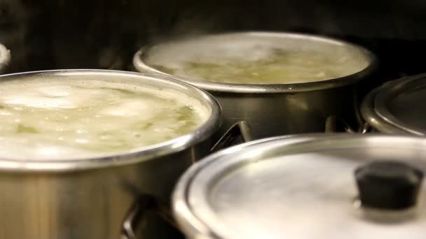 Krukor koka på spis i en industriell kök. — Stockvideo