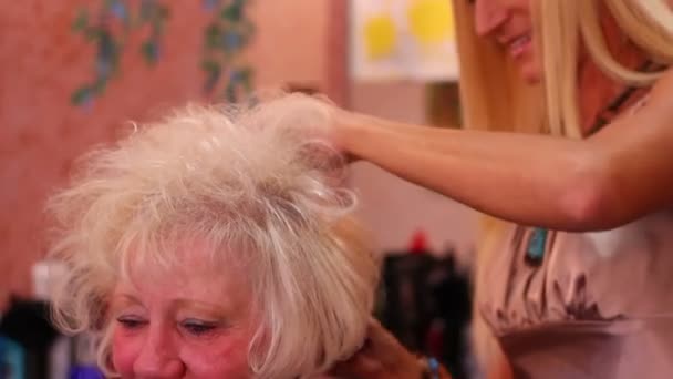 Eine Friseurin schneidet und setzt ihrer Kundin die Haare. — Stockvideo