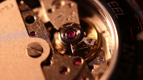 Extrême-gros plan sur le fonctionnement intérieur et le mouvement d'une montre-bracelet automatique de fabrication suisse . — Video
