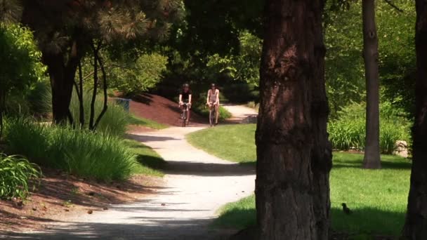 Una joven pareja en bicicleta y turismo en los senderos para bicicletas — Vídeo de stock