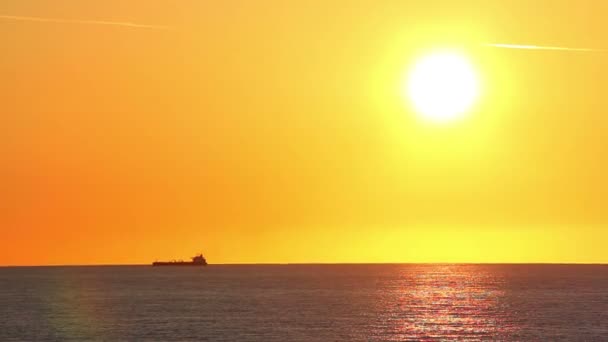 Een vrachtschip schip op de Oceaan tijdens een zonsondergang. — Stockvideo