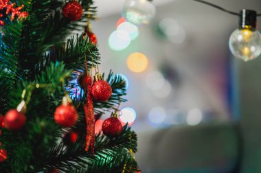 Dekoratif ışık topları ve Noel çamı ve yeni yıl tatili arka planı