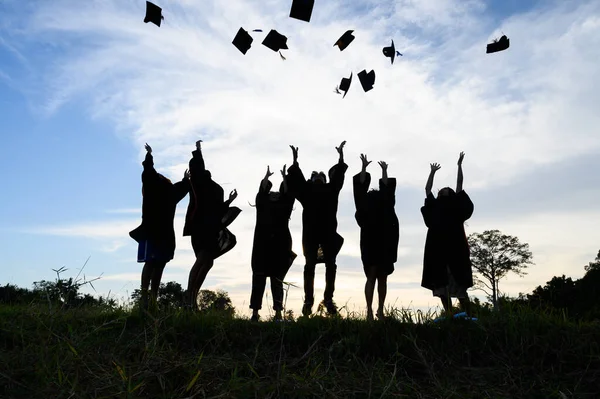 Silhouettes Students Celebration Education Graduation Student Success Learning Concept Ceremony — Zdjęcie stockowe