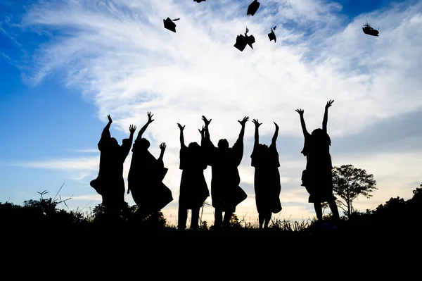 Silhouettes Students Celebration Education Graduation Student Success Learning Concept Ceremony — Zdjęcie stockowe