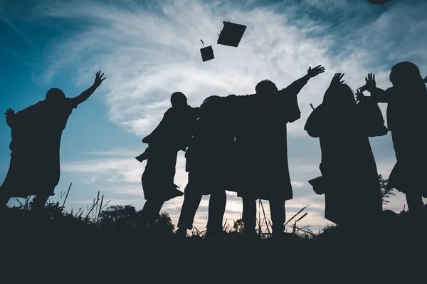 Silhouettes Students Celebration Education Graduation Student Success Learning Concept Ceremony — Zdjęcie stockowe