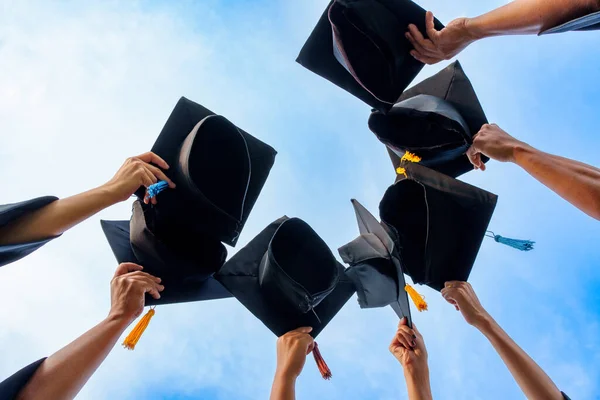 Graduation Caps Thrown Air Success Graduates University Concept Education Congratulation — стоковое фото