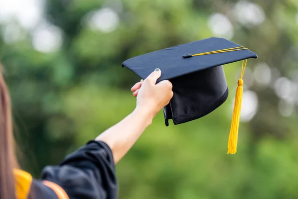 Graduation Caps Thrown Green Background Success Graduates University Concept Education — ストック写真