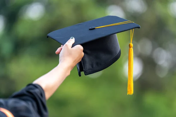 Graduation Caps Thrown Green Background Success Graduates University Concept Education — Stock Photo, Image