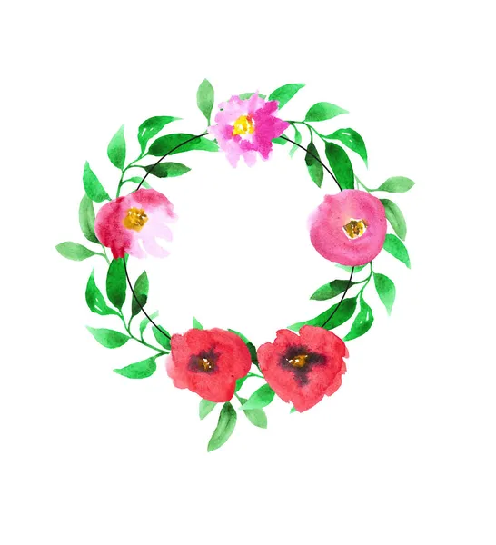 花の花輪赤とピンクの水彩ポピー白の背景 — ストック写真