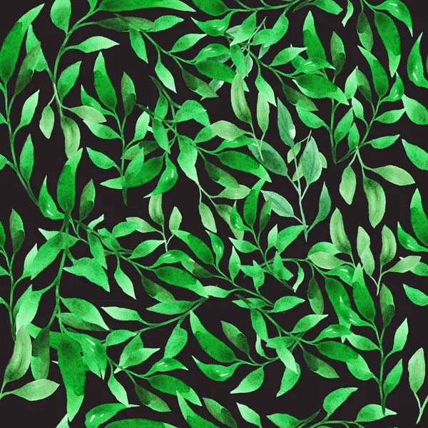 水彩斑斓的无缝图案,绿林叶在深色背景下.时尚印刷品. — 图库照片#