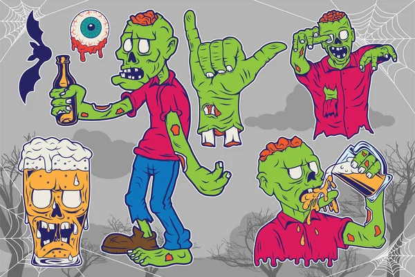 Conjunto Ilustraciones Aisladas Zombis Borrachos Bebedores Mano Zombi Ojo Vaso — Vector de stock