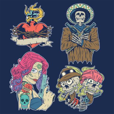 Yanan kalp, Chicano kız, kafatasları ve iskeletin izole çizimleri..