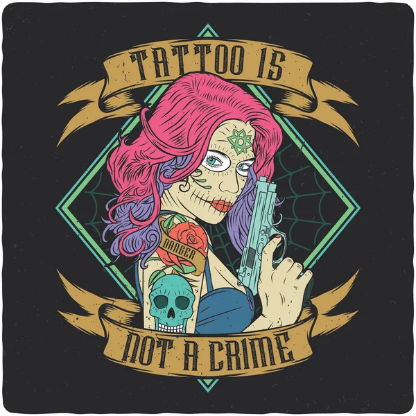 Tričko Nebo Design Plakátu Ilustrací Tetované Roztomilé Dívky Pistolí — Stockový vektor