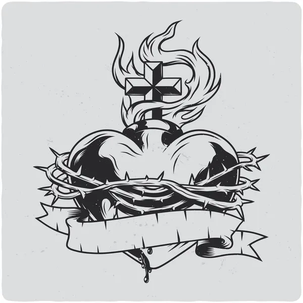 Shirt Oder Plakatentwurf Mit Abbildung Eines Brennenden Herzens Mit Efeu — Stockvektor