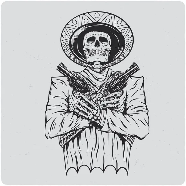 Дизайн Футболки Плаката Иллюстрацией Скелета Шляпе Пистолетами — стоковый вектор