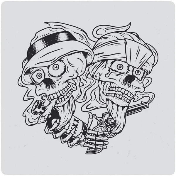 Shirt Poster Avec Illustration Deux Crânes Avec Une Bouteille Pistolet — Image vectorielle
