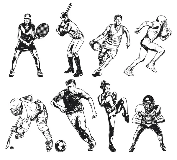 Conjunto Ilustraciones Jugadores Aislados Fútbol Fútbol Baloncesto Béisbol Tenis Hockey — Vector de stock