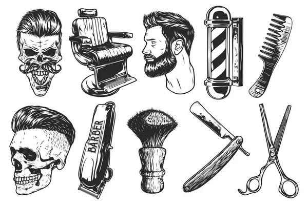 独立したイラストセット シェービングブラシ はさみ ヘアブラシ 理髪店の看板 クリッパー 男性の頭と頭蓋骨 — ストックベクタ