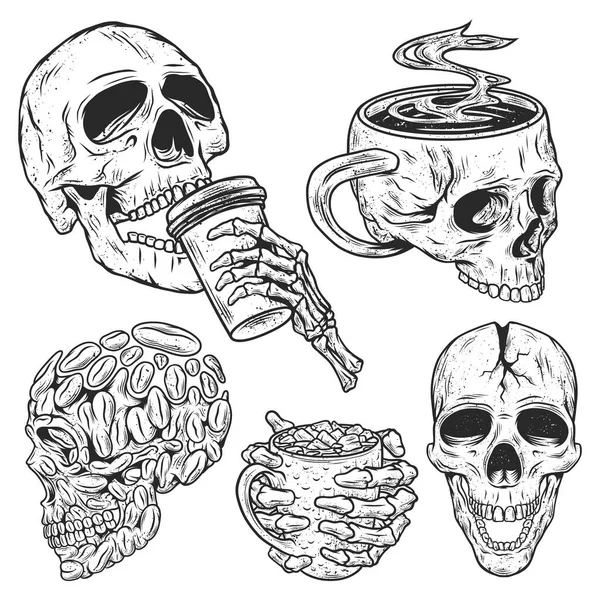 Zole Çizimler Kafatası Kafatası Kahve Çekirdeği Kahve Fincanı Olarak Stilize — Stok Vektör