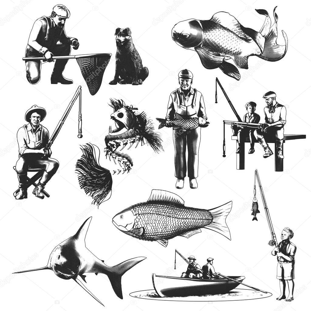 Isolated illustrations set of fishermans and fishes
