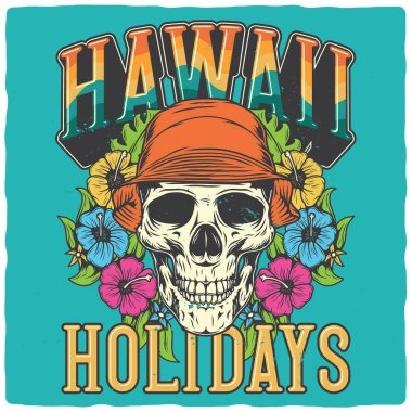 T-shirt or poster design with illustration of summer skull and hawaiian flowers