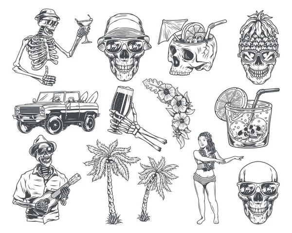 Isolated Illustrations Set Skulls Palms Surfing Car Dancer Skeletons Cocktail — Stok Vektör