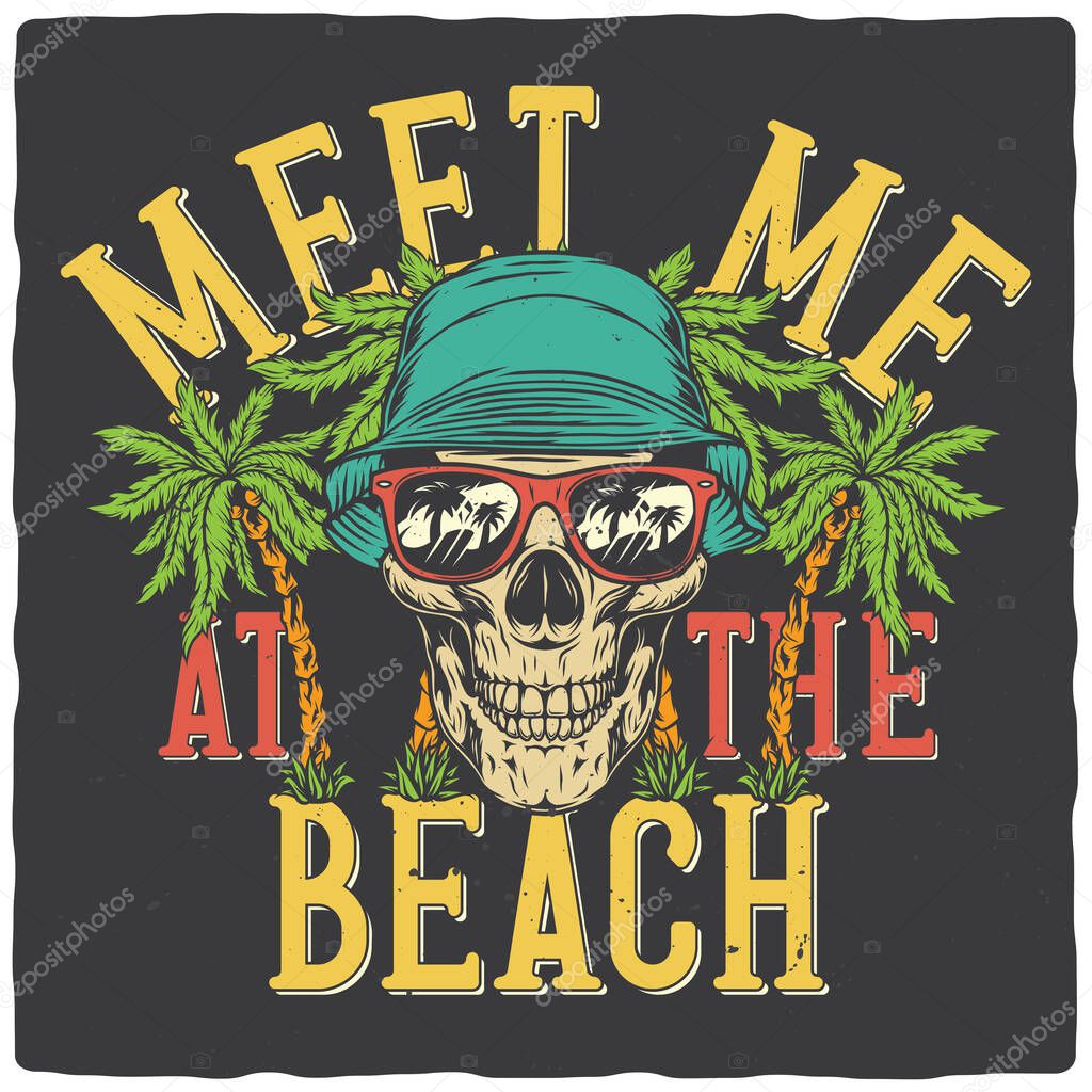 T-shirt or poster design with illustration of summer skull and palms
